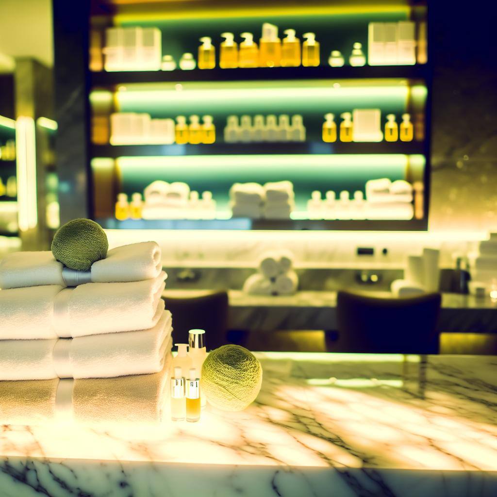 A luxurious spa setting with soft lighting, plush towels, and an array of skincare products neatly displayed on a marble countertop.